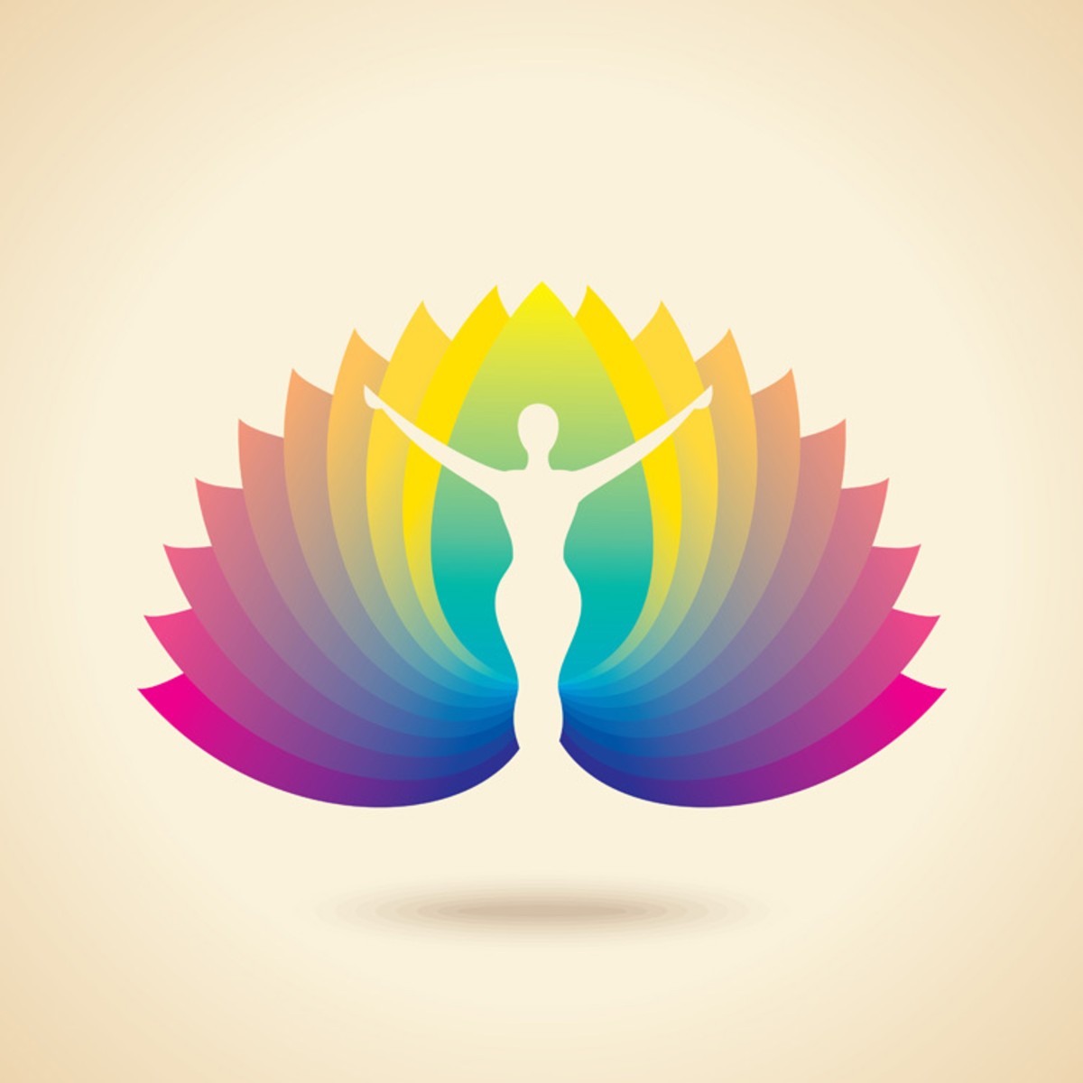Silhouette of a person with outstretched arms with rainbow-coloured abstract lotus petals.