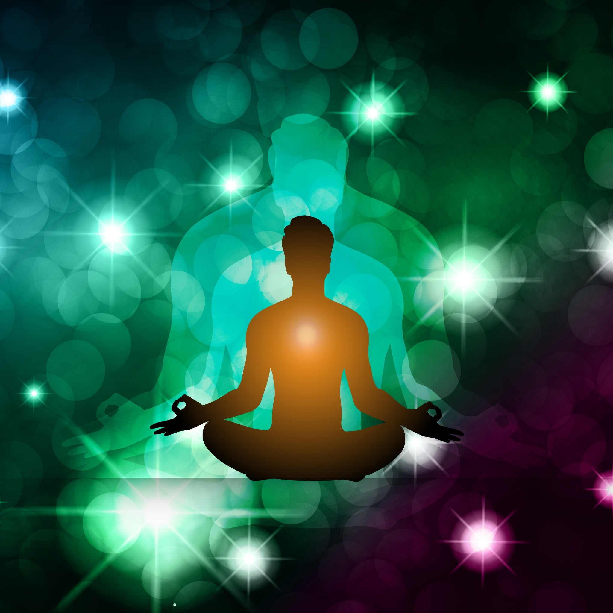 A meditating silhouette in the foreground, with a large, glowing cyan-green spiritual presence behind it, surrounded by colourful bokeh lights, representing abundance dragon spiritual integration.