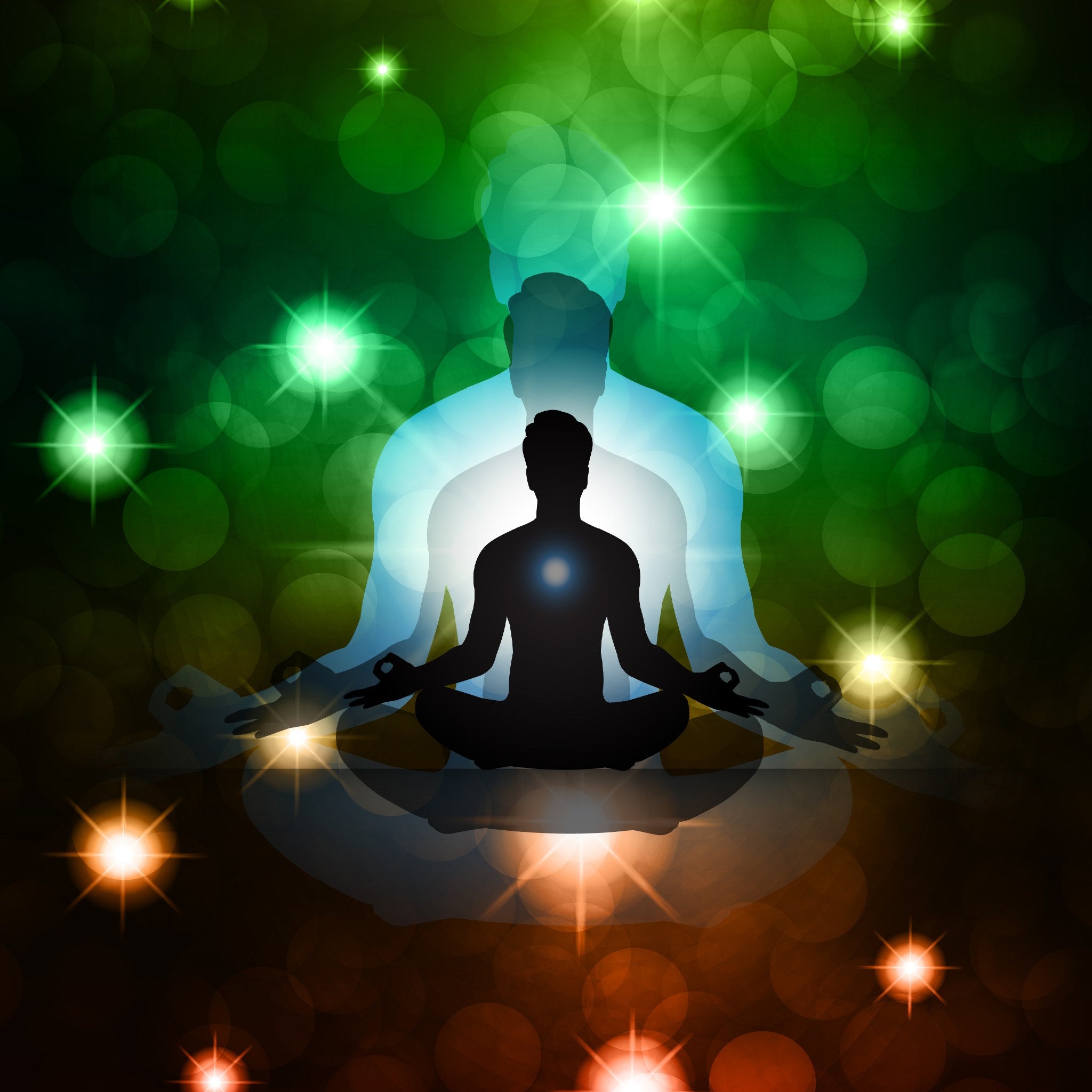 A meditating silhouette with an ethereal blue presence behind it, against a background of sparkling green and gold bokeh lights, representing abundance higher levels.