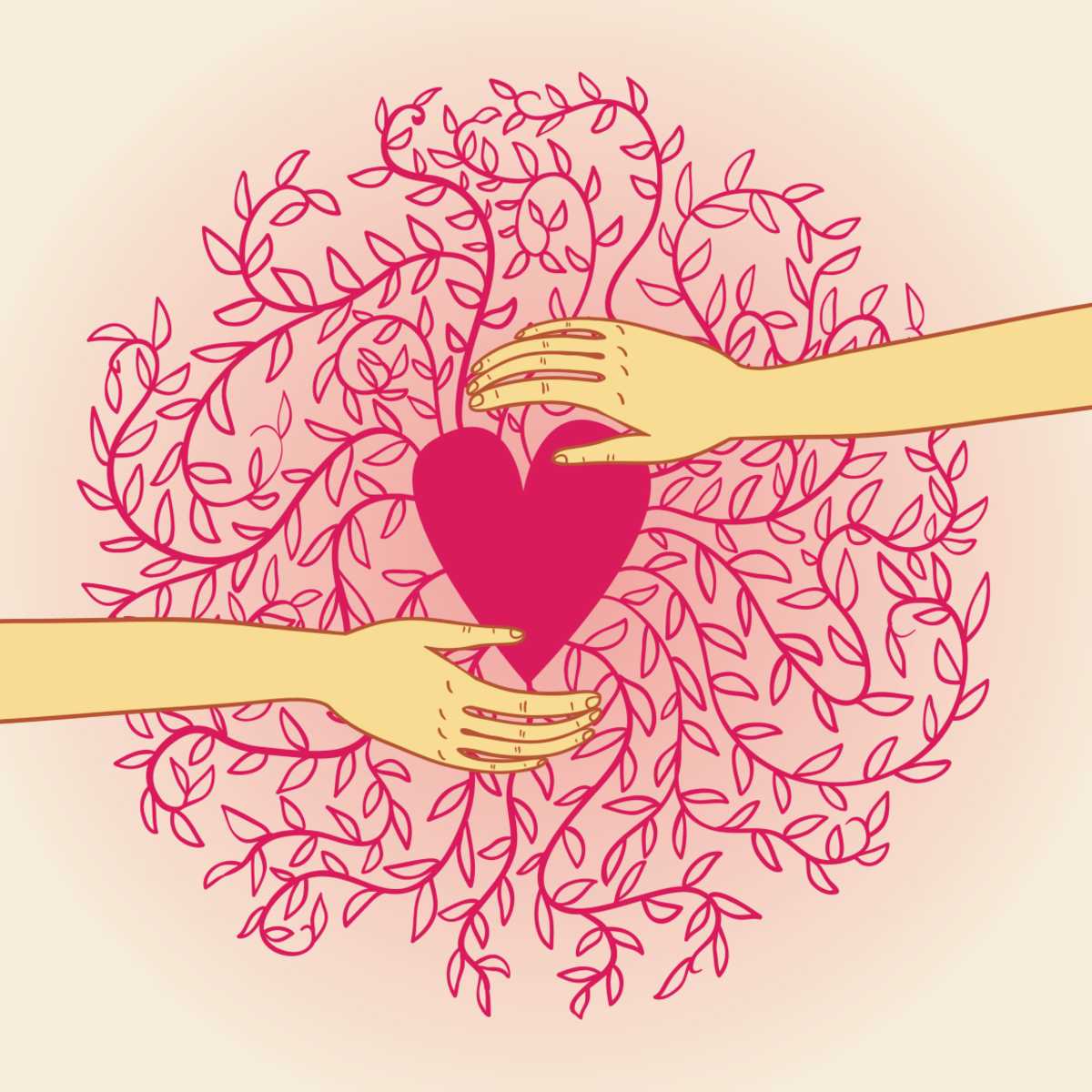 Illustration of two hands holding a heart with pink leaves on a pink background.