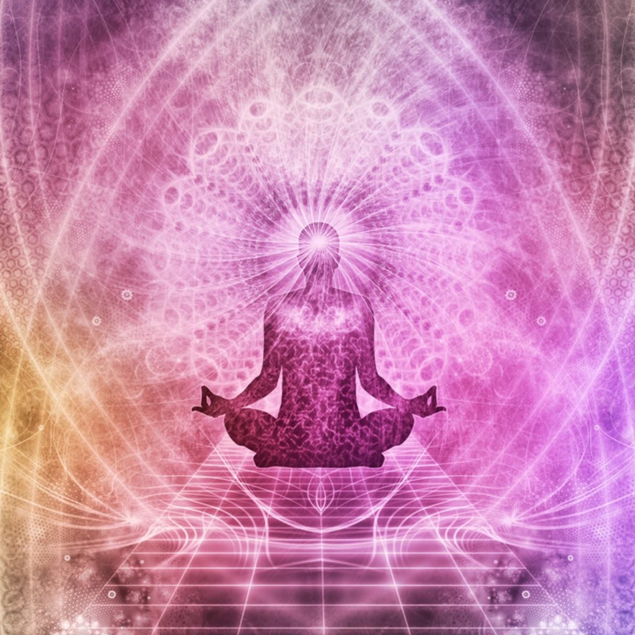 A spiritual image of a person meditating in the lotus position. The figure is a glowing silhouette surrounded by a vibrant, geometric mandala of pink, purple, and orange light, with a particularly intense burst of light emanating from the head area.