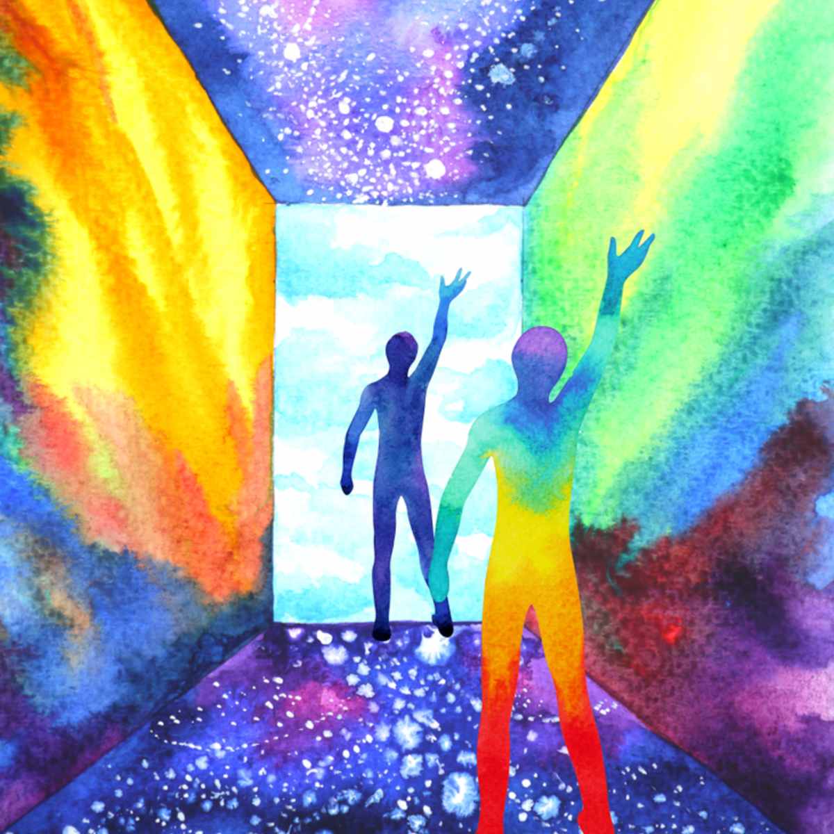 Colourful abstract painting of two figures reaching towards a starry sky.
