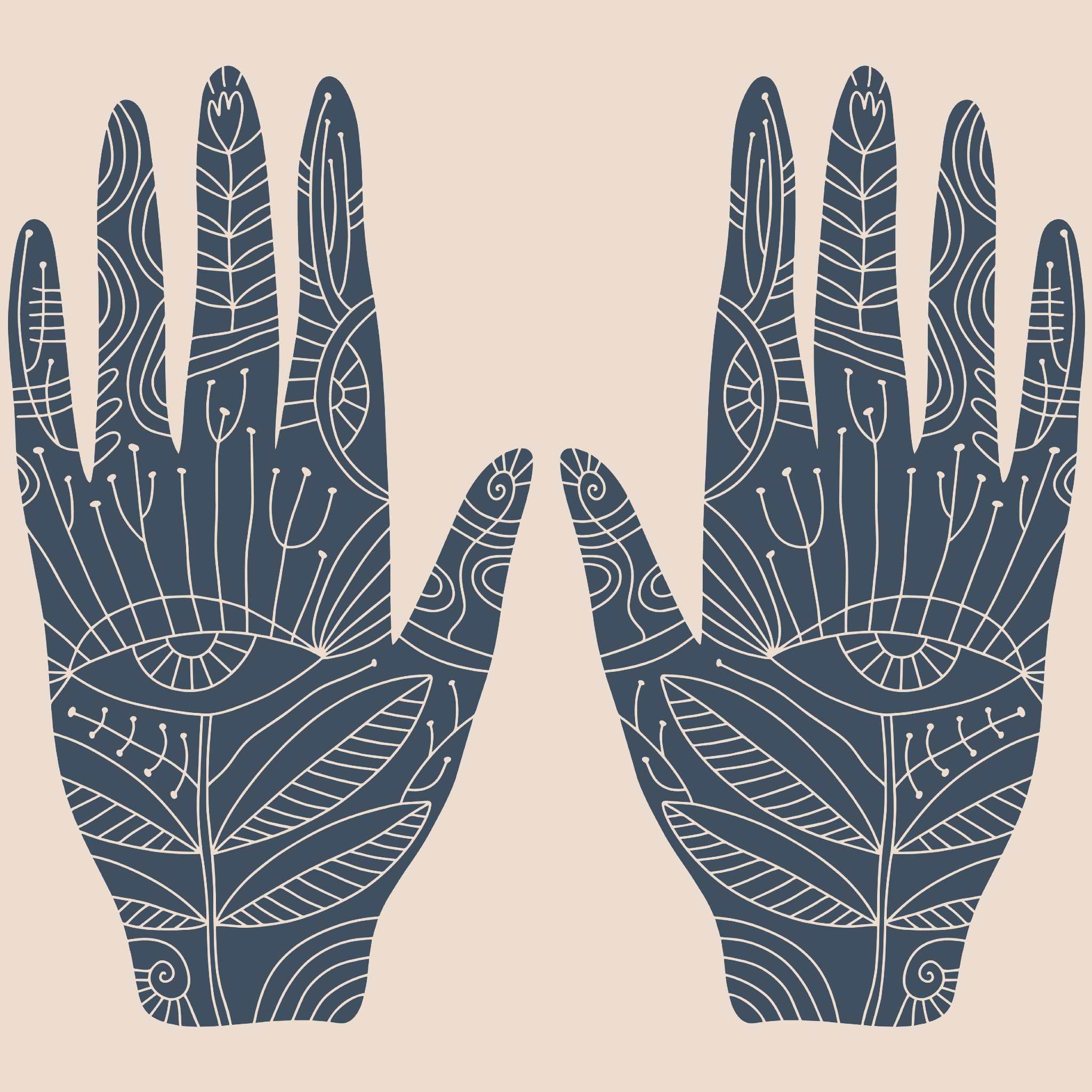 A symmetrical illustration featuring two hands raised with palms facing out, set against a pale pink background. The hands are solid navy blue, intricately decorated with fine white line art showing floral, leaf, and geometric patterns, including an eye symbol at the base of the palm, representing ancestral third eye enhancement.