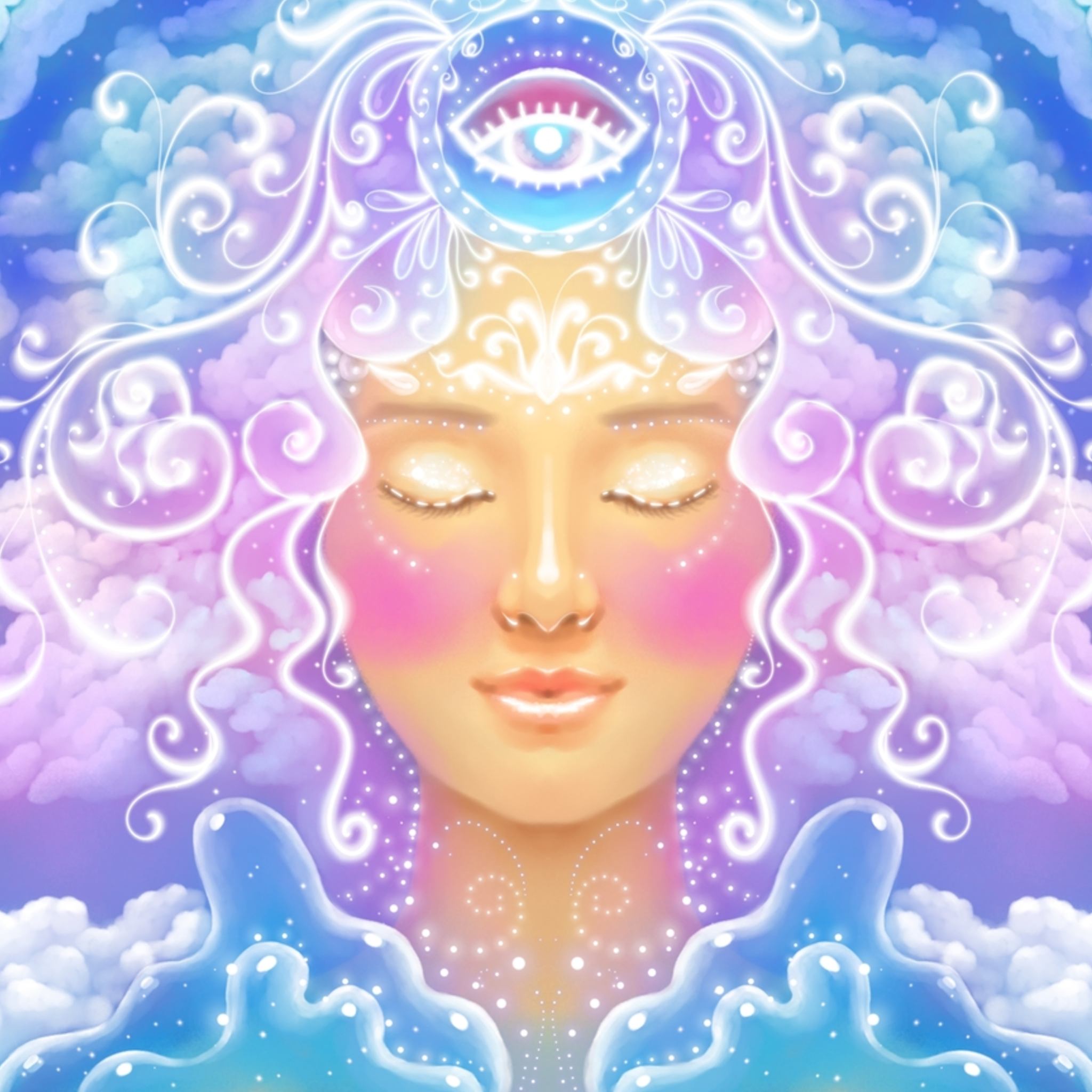 A mystical illustration of a smiling face with closed eyes, surrounded by glowing, cloud-like swirls of pink, purple, and blue light, with an activated 'Third Eye Chakra' or third eye symbol above the forehead.