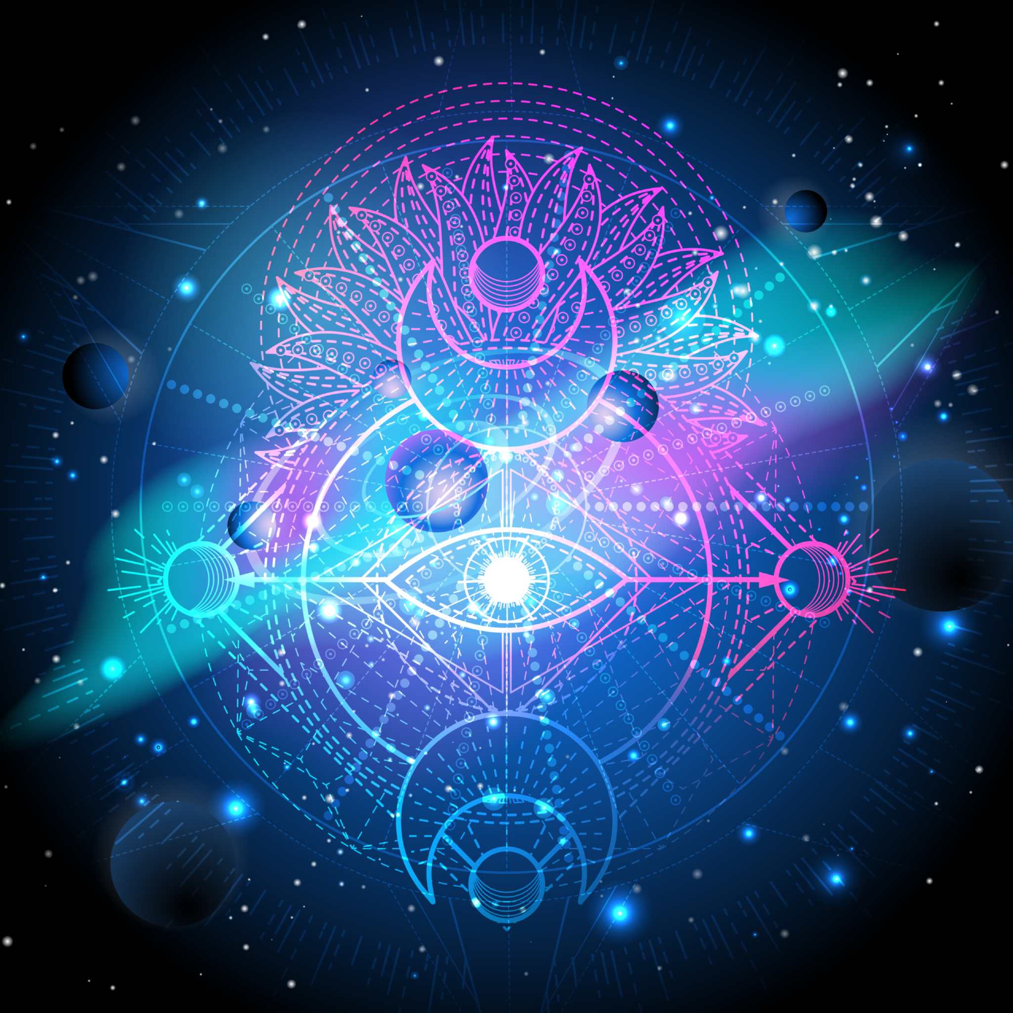 Sacred geometry symbol with third eye, lotus, and celestial elements on a dark background.
