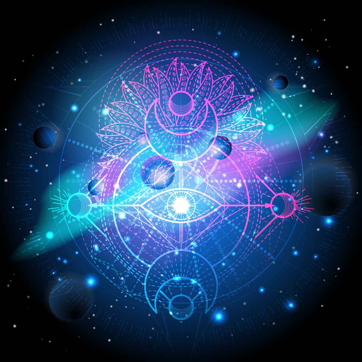 Mystical symbol with lotus flower, eye, and celestial elements on a dark background.