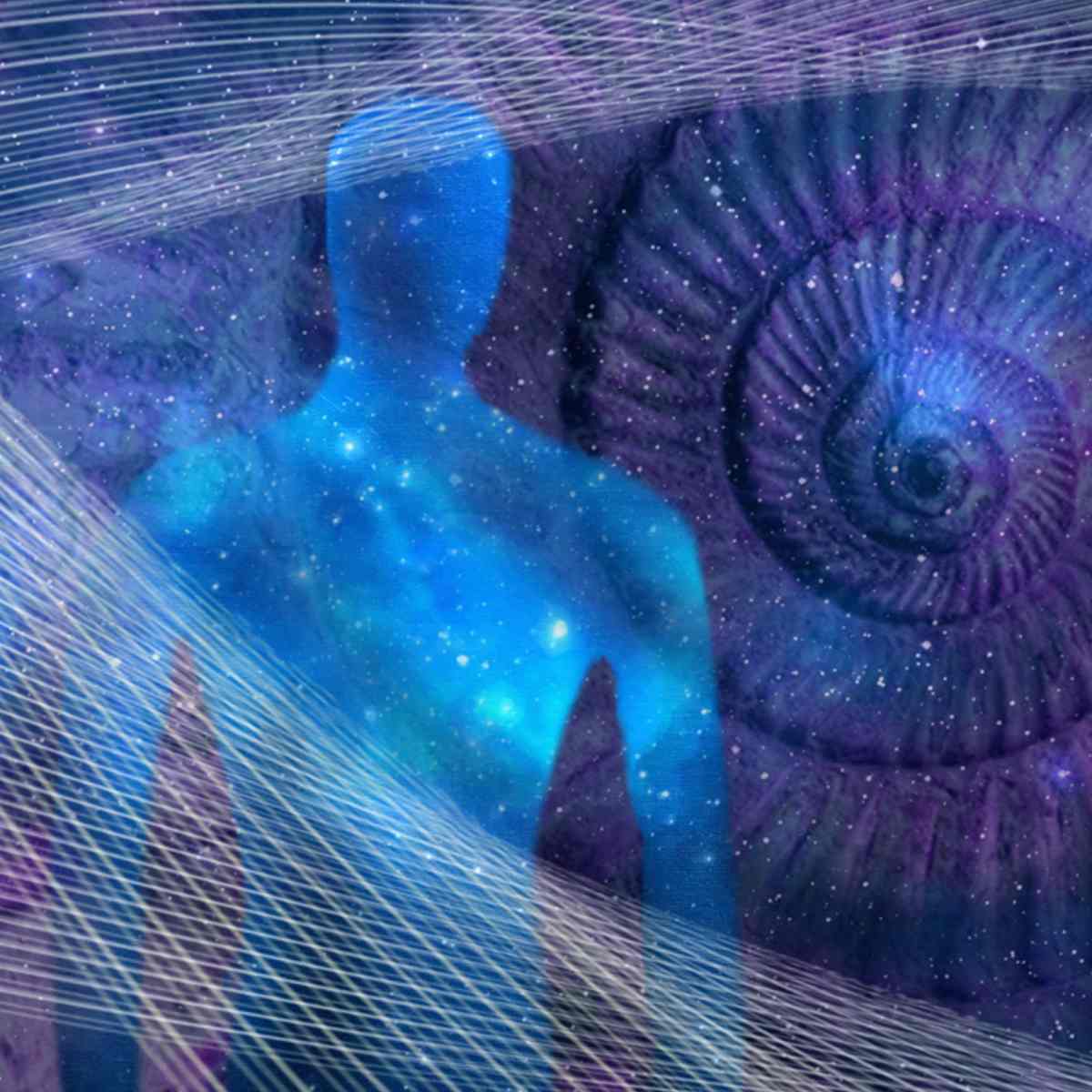 Blue abstract Arcturian with cosmic elements and a spiral design.