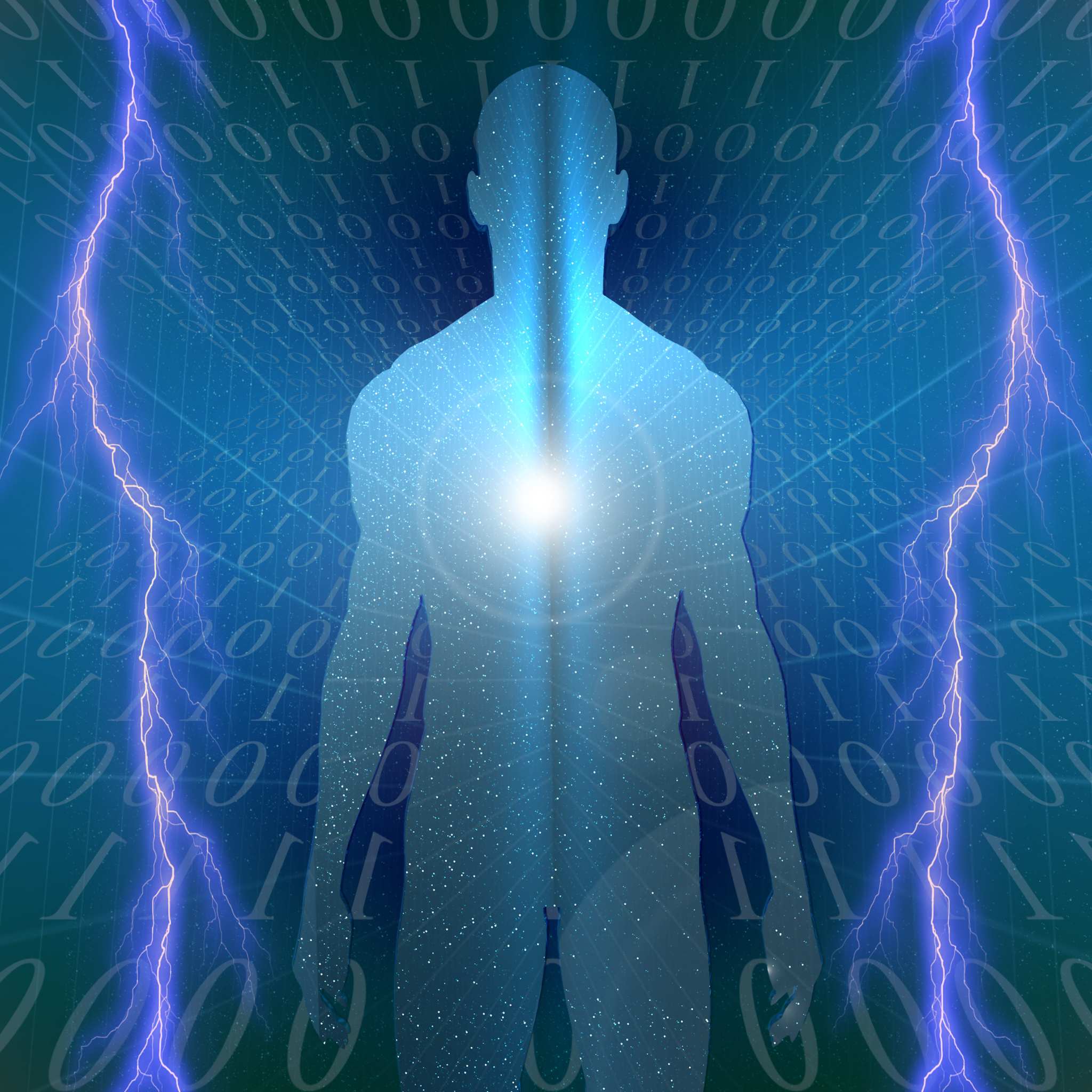 Silhouette of a human figure with glowing Thymus Chakra against a digital background with lightning effects.