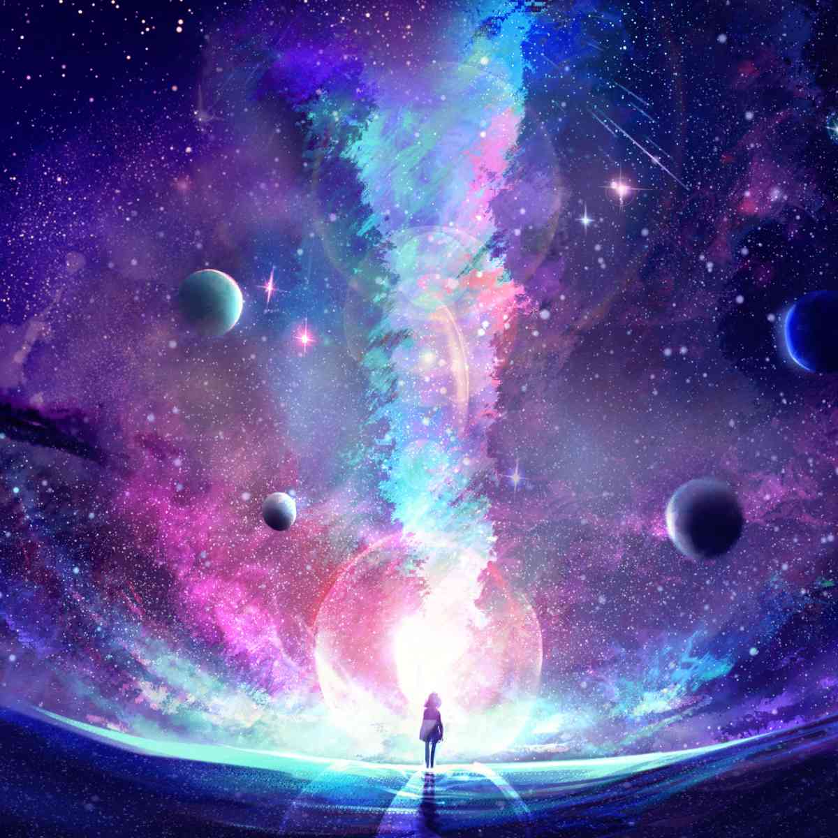 A person standing in front of a vibrant nebula with colourful stars and planets.