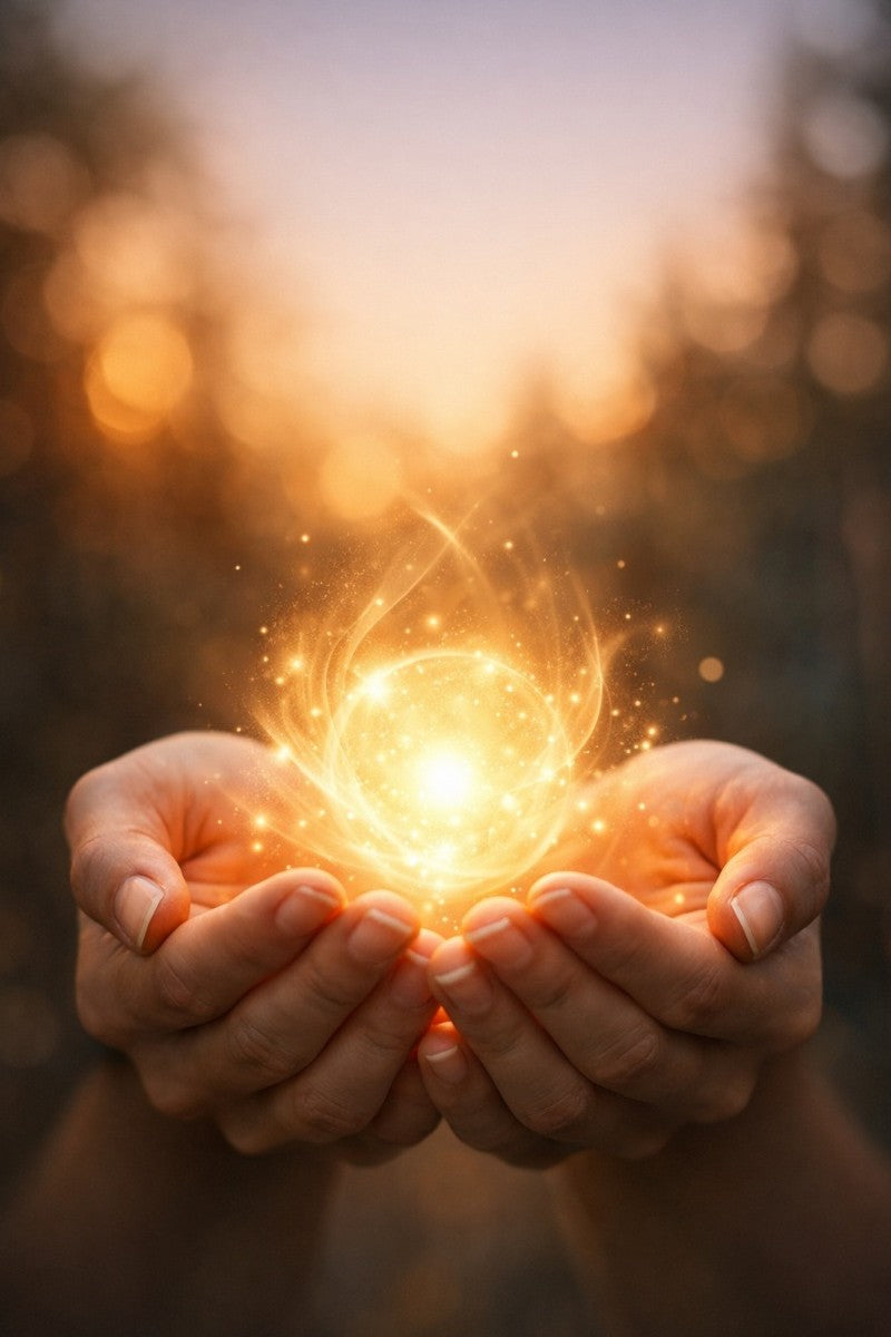 Two hands holding a glowing, radiant orb with a blurred natural background.