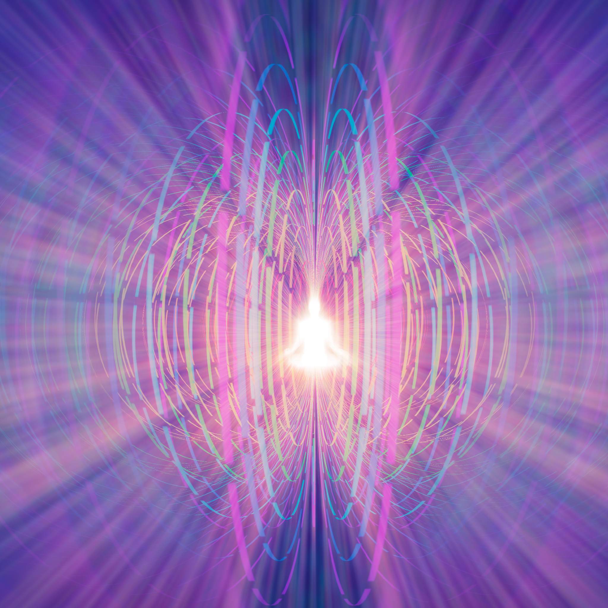 A digitally generated, abstract image dominated by vibrant purple light radiating outwards. A small, illuminated human silhouette sits in a meditation pose at the centre, surrounded by concentric layers of rainbow-coloured, streaked arcs, representing aura and 999 spiritual energy integration.