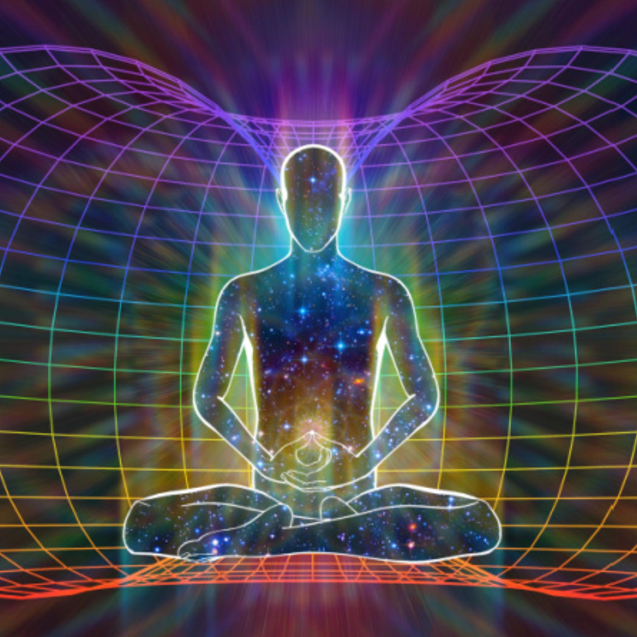 Ultimate Aura Enhancement Treatment: meditating figure silhouette with an inner light and a cosmic background, surrounded by a complex, multi-coloured grid of sacred geometry.