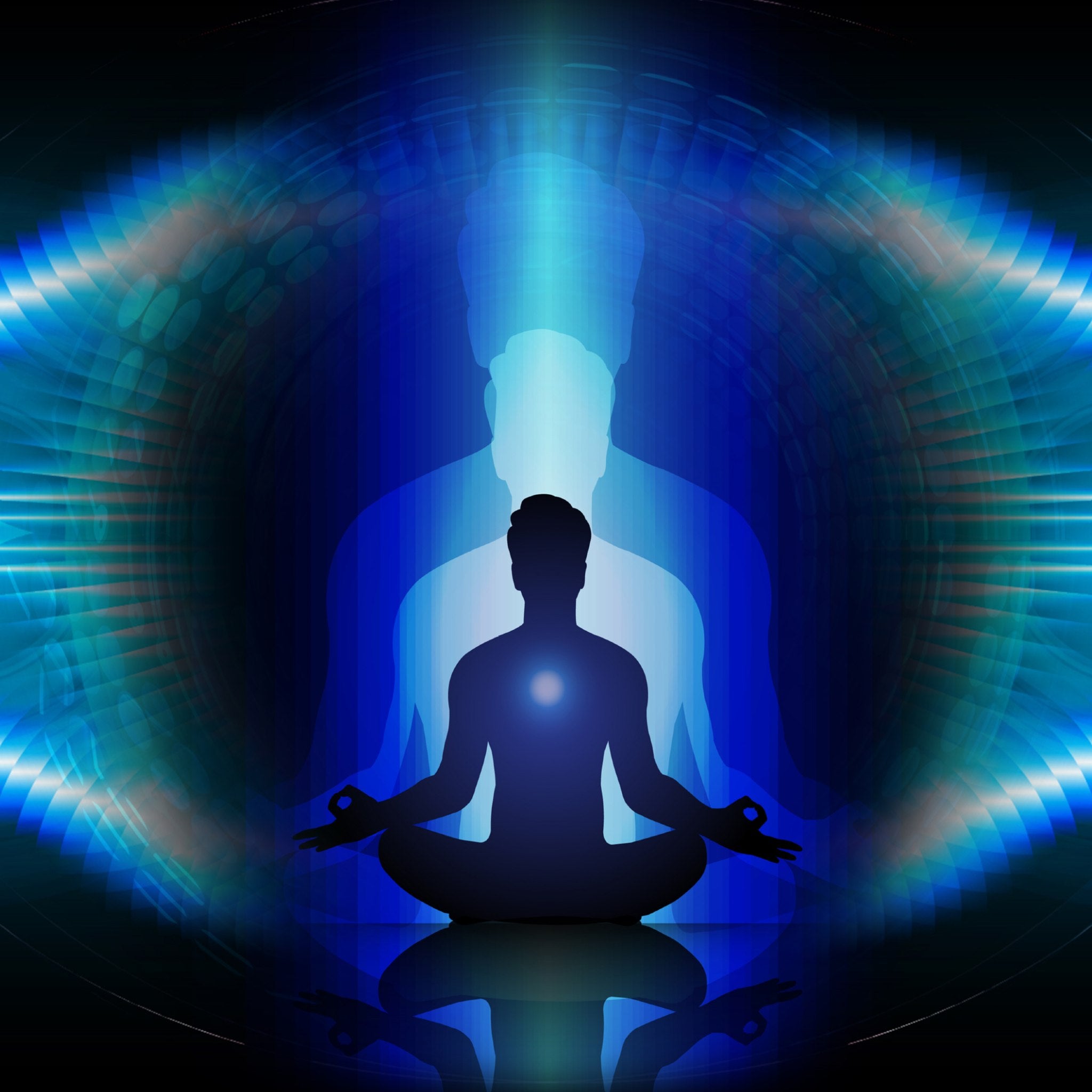 Ultimate Auric Ascension Treatment: meditating silhouette figure with an inner glow, standing within concentric bright blue energy rings and a vertical column of light.
