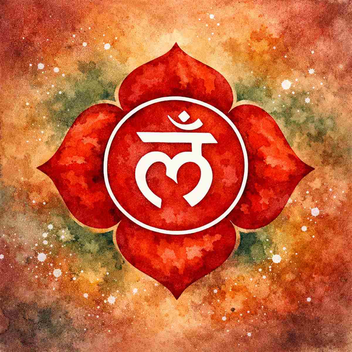 Red Base (Root) Chakra with a white symbol on a colourful, abstract background.