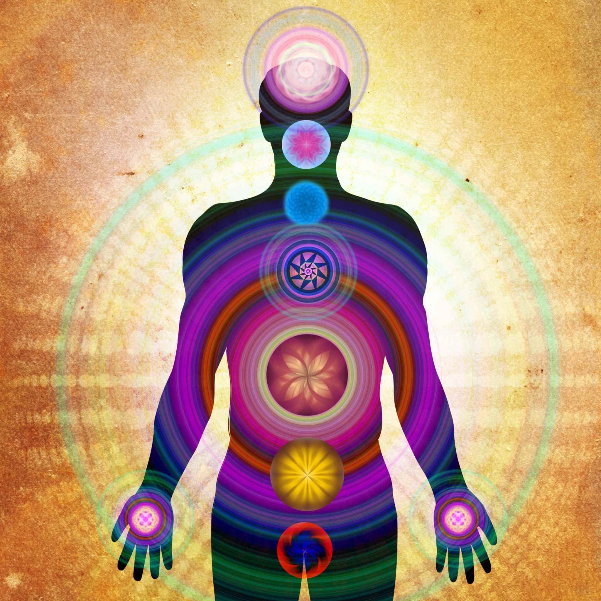 Ultimate Chakra Healing Treatment: human silhouette filled with colourful, concentric energy rings and seven stylised chakra symbols against a textured, earthy background.