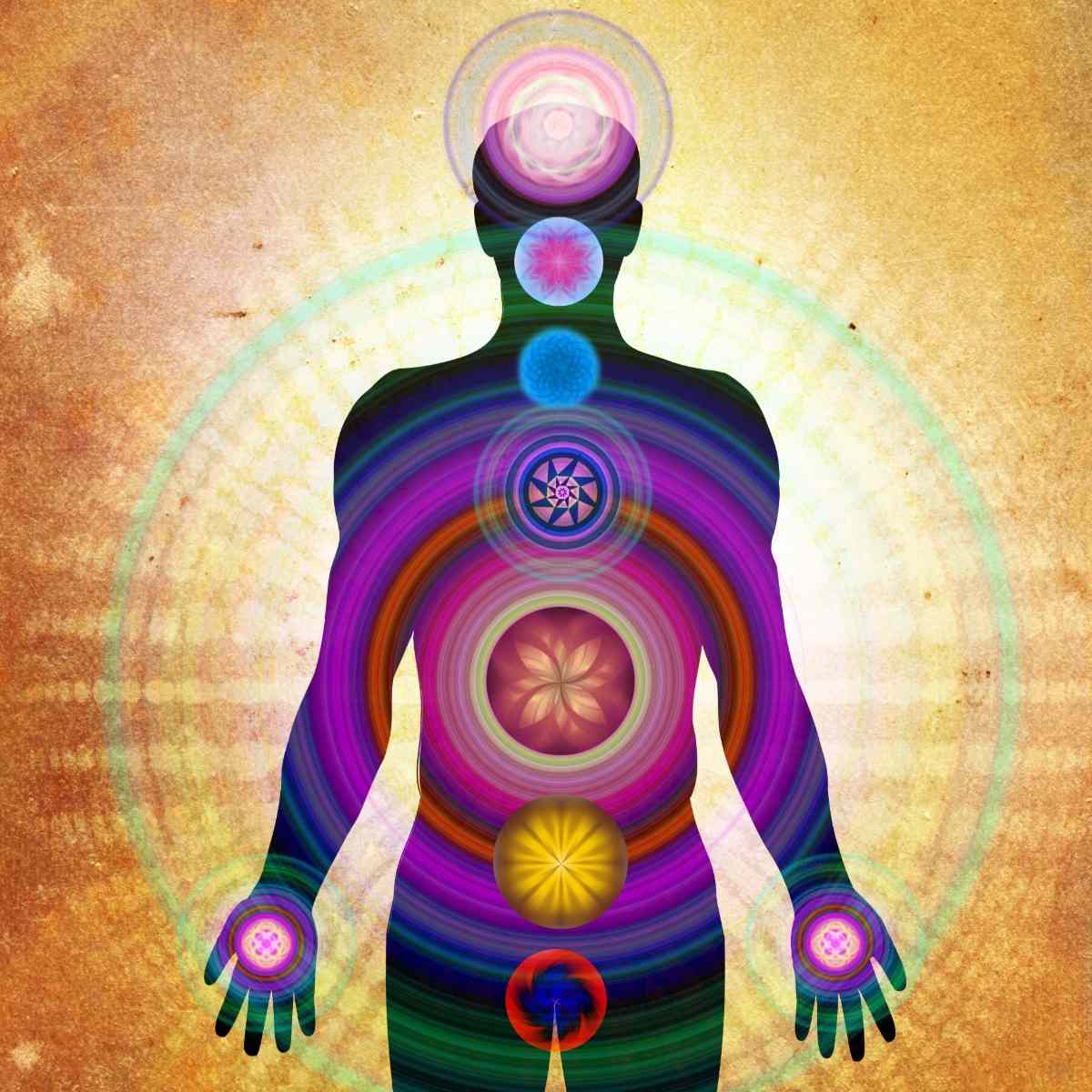 Colourful illustration of a human figure with chakras on a textured gold background.