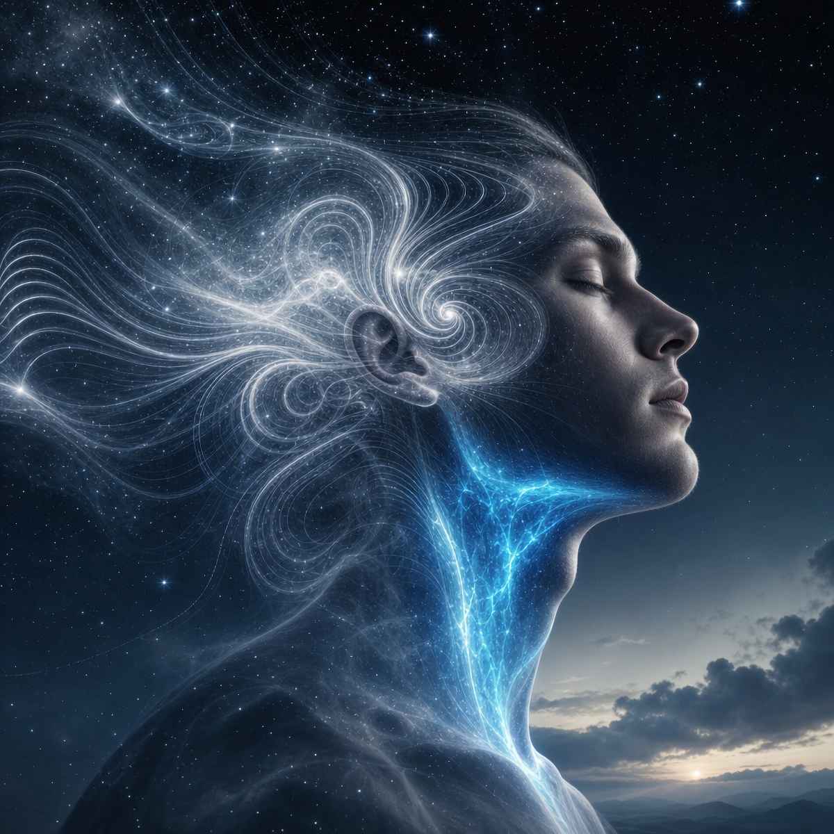 Profile of a person with eyes closed, featuring glowing celestial energy flowing from the ear and neck into a starry night sky.