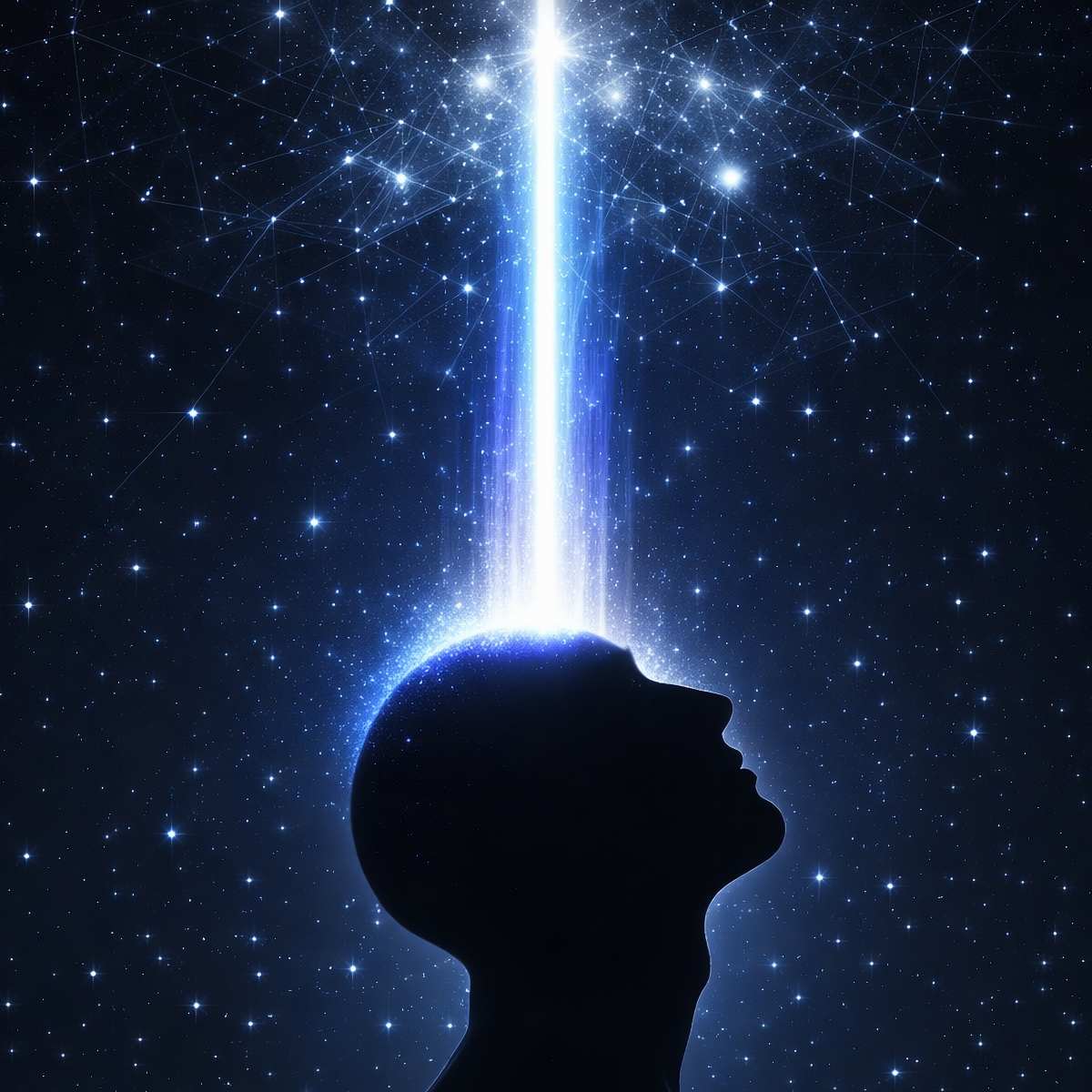 Silhouette of a head facing upwards towards a bright claircognisant light source against a starry night sky.