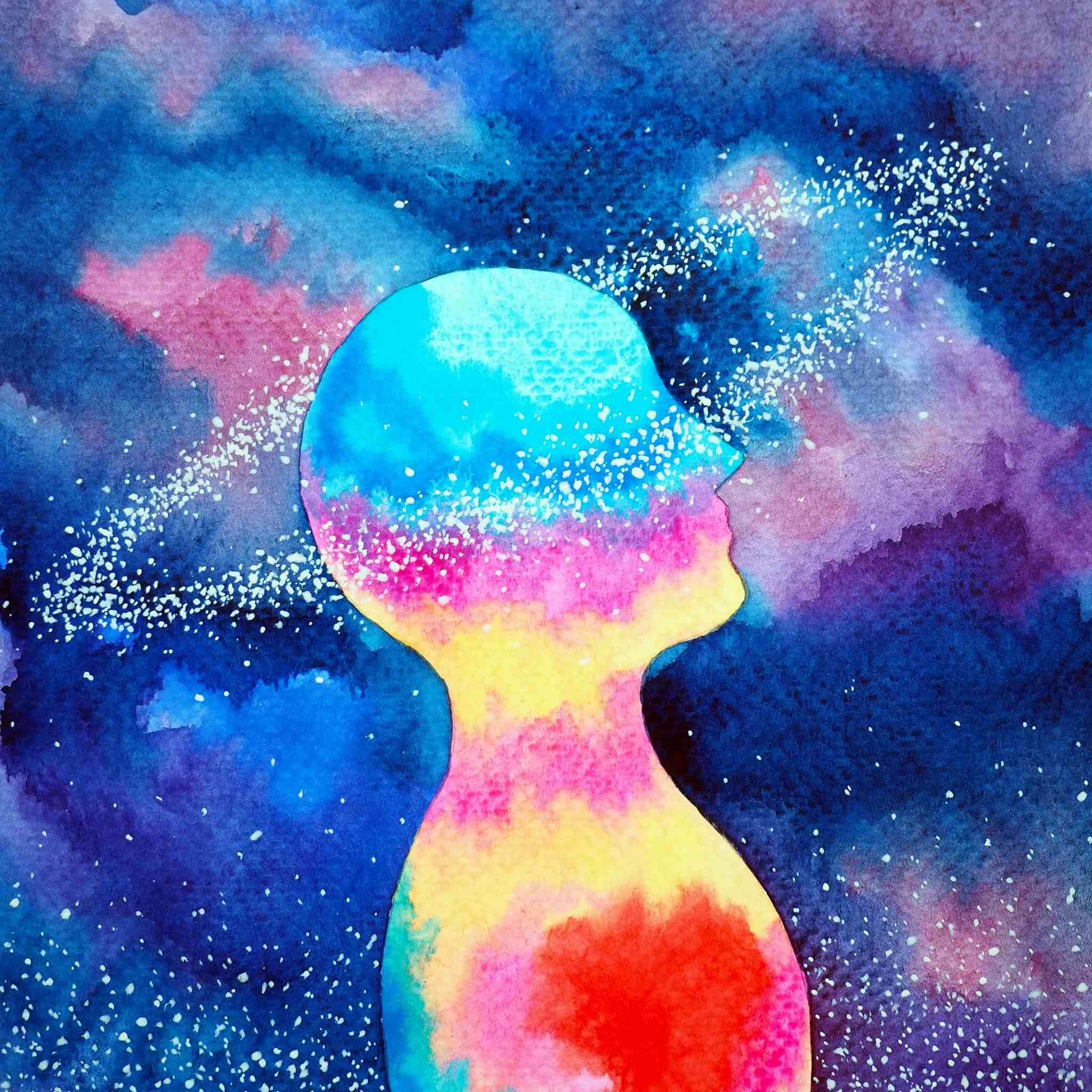A colourful silhouette of a person's head, surrounded by a purple, blue, and pink cosmic background representing clairsentience magic clearing.