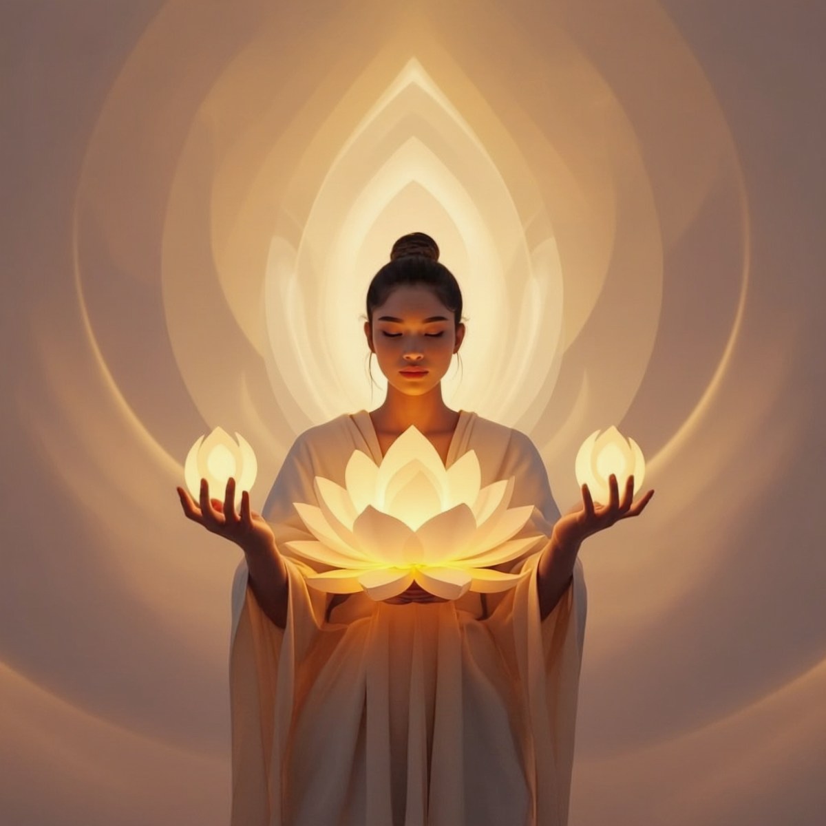 Serene woman holding three glowing lotus flowers, surrounded by soft golden light and radiant circular auras.