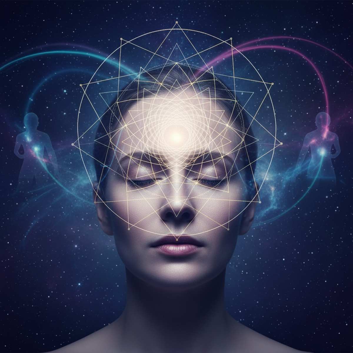 Close up of head with sacred geometry over third eye and spiritual figures representing clairvoyance.