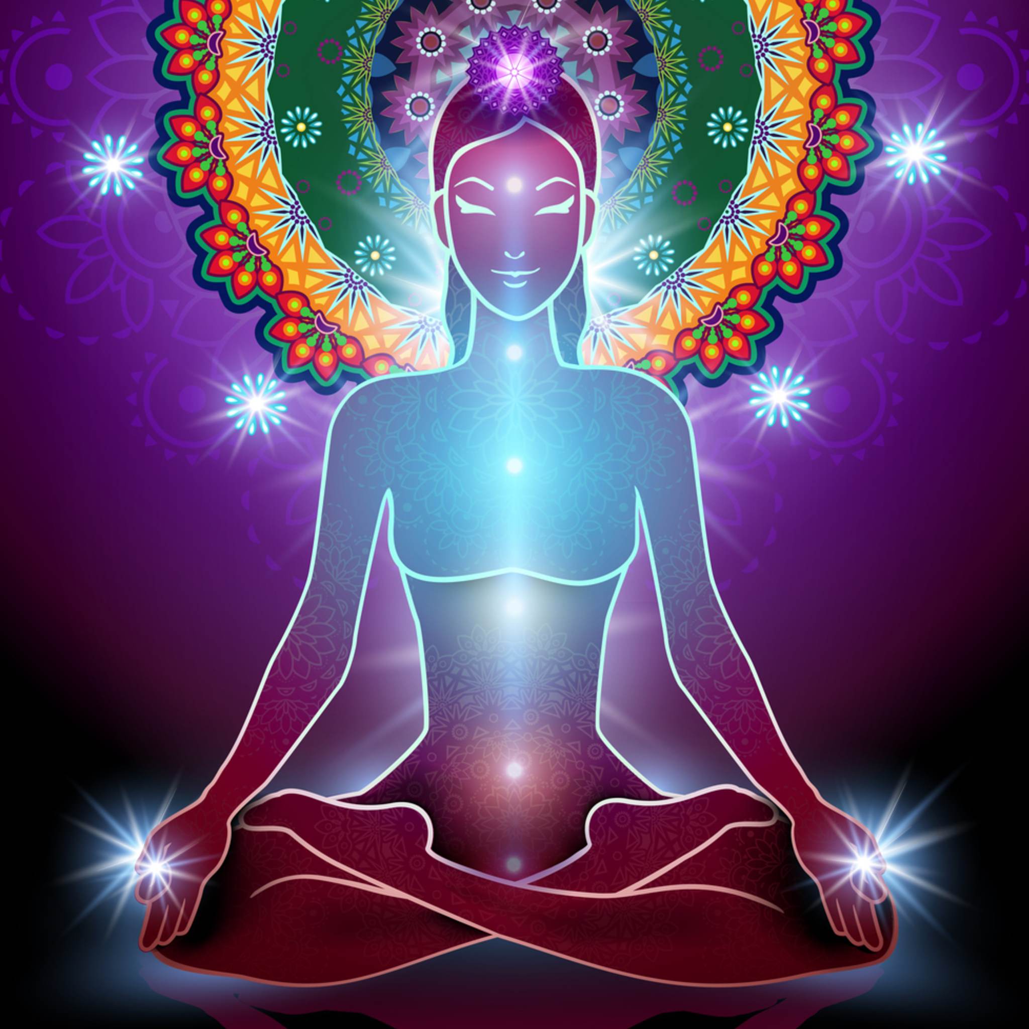 Meditating figure with vibrant chakras and glowing aura, symbolising deep energy clearing, spiritual balance, and inner harmony.