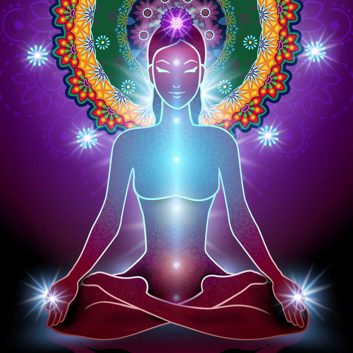 Silhouette of a meditating person with a colourful mandala and glowing lights on a purple background.