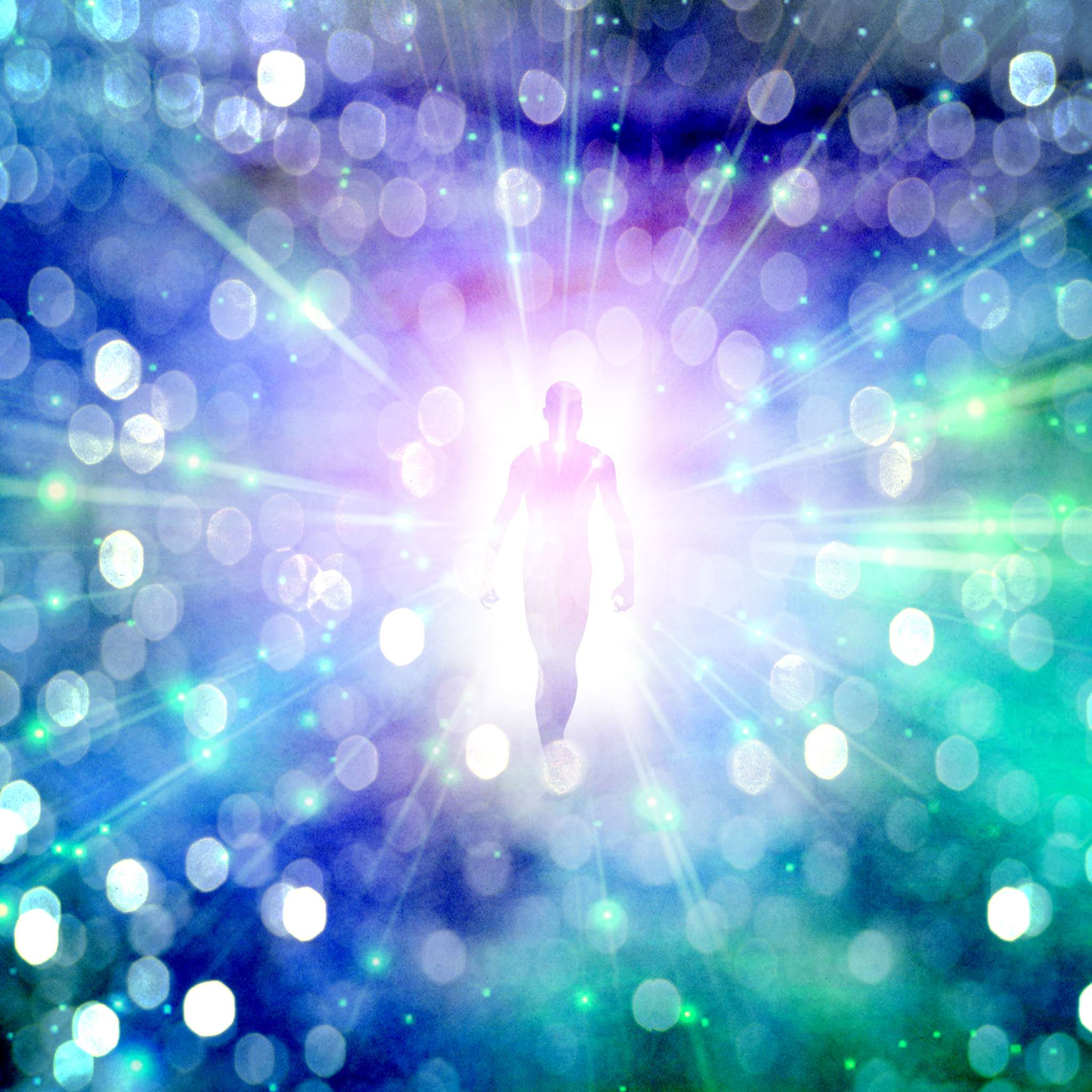 A glowing figure emerging from a bright white light in a tunnel of shimmering blue and purple bokeh lights, representing Core Star Chakra enhancement.