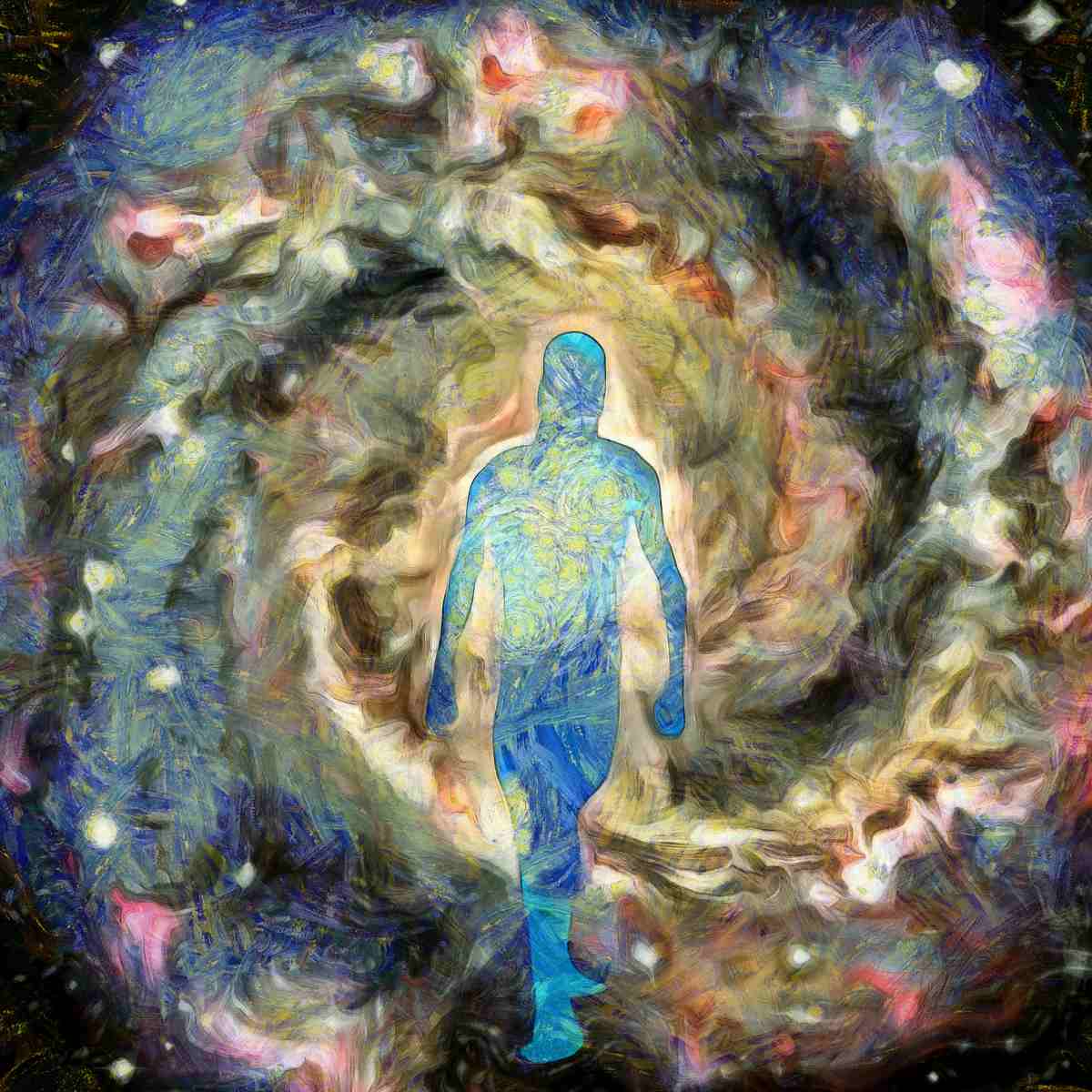 Artistic depiction of a person standing in a swirling, colourful vortex with a blue outline.