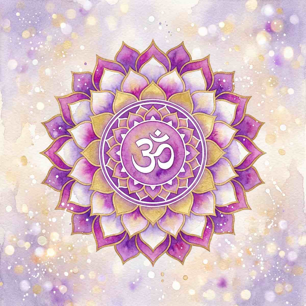 Purple and gold Crown Chakra (Sahasrara) with an Om symbol on a light purple background.