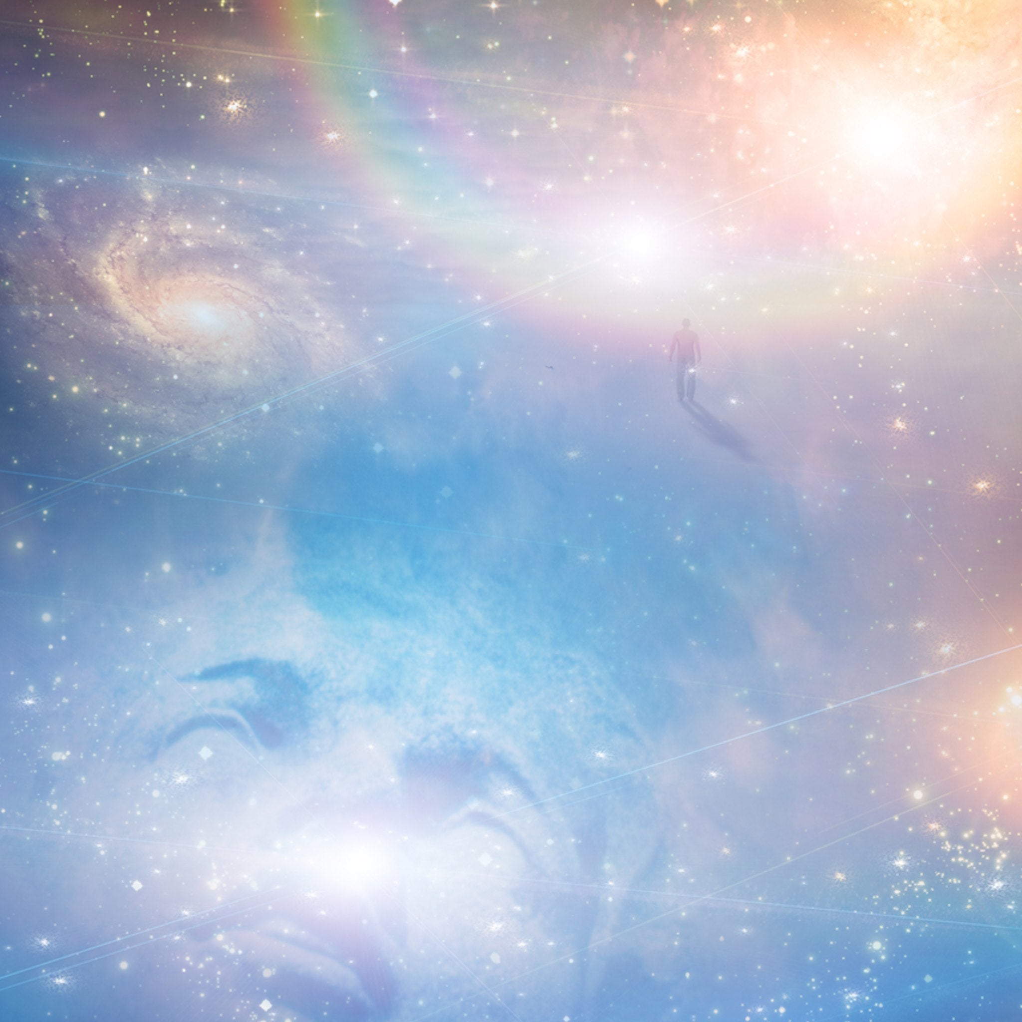 Abstract space-themed design with a person's figure walking across the stars and nebulae, with an abstract face looking and smiling with support.