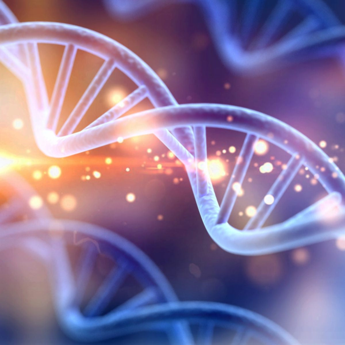 Artistic representation of a DNA double helix with a bright light background.