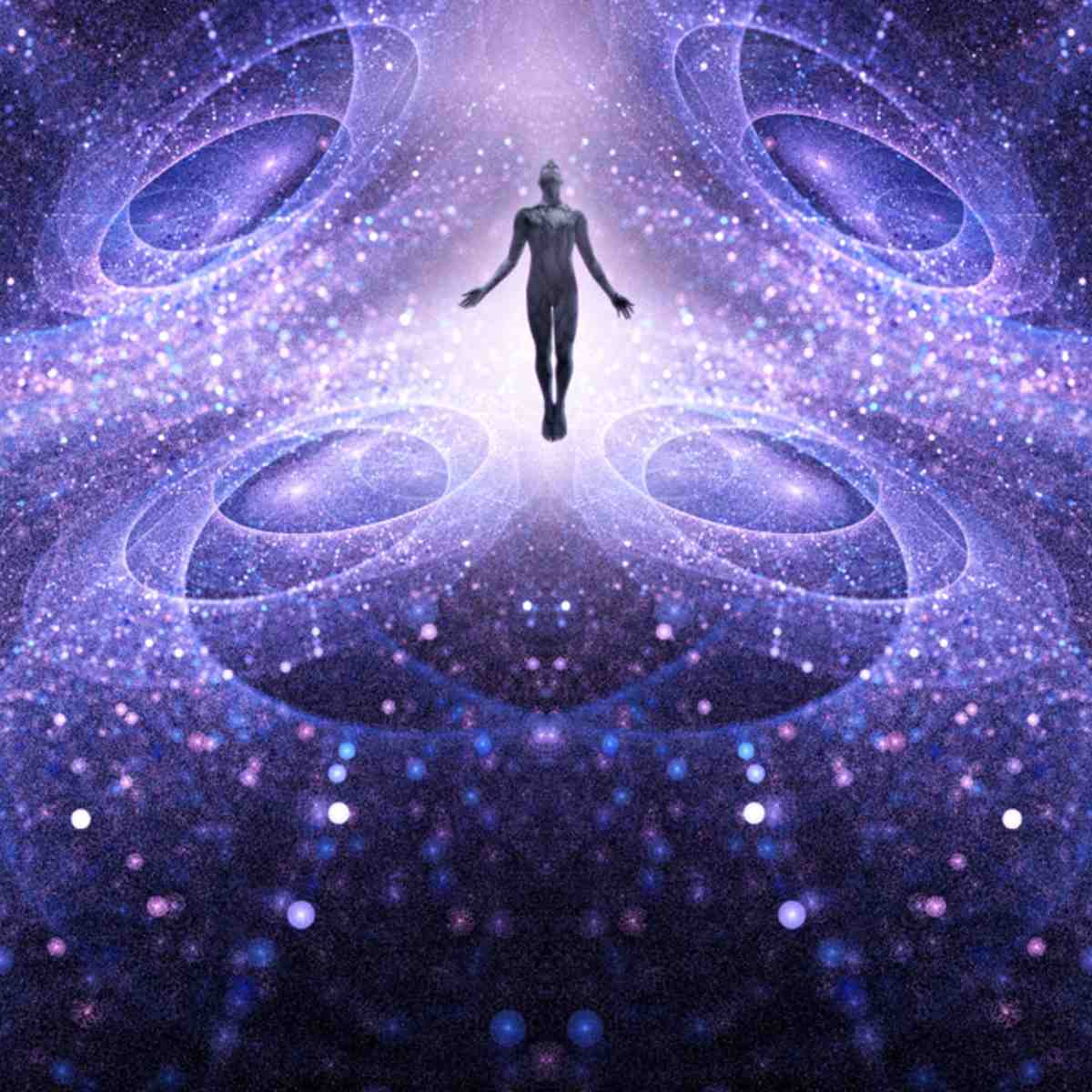 Silhouette of a person standing in a cosmic or spiritual energy field with concentric circles and a starry background.
