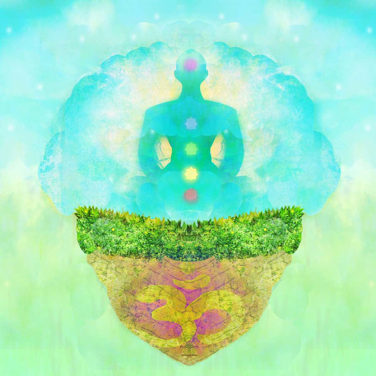 Silhouette of a person meditating with chakra colours on a green landscape.
