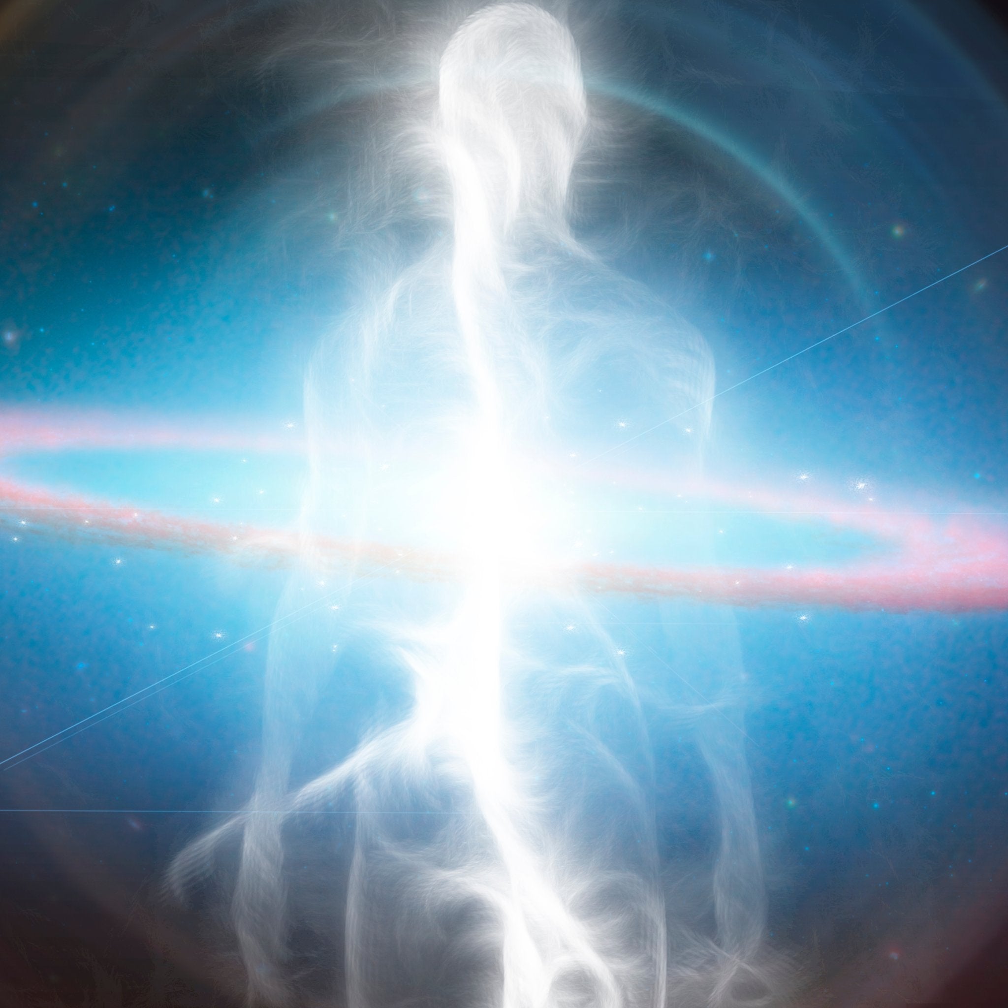 A white glowing energetic human form with a brilliant light core, surrounded by a cosmic galaxy and an orange ring, representing energetic spiritual protection.