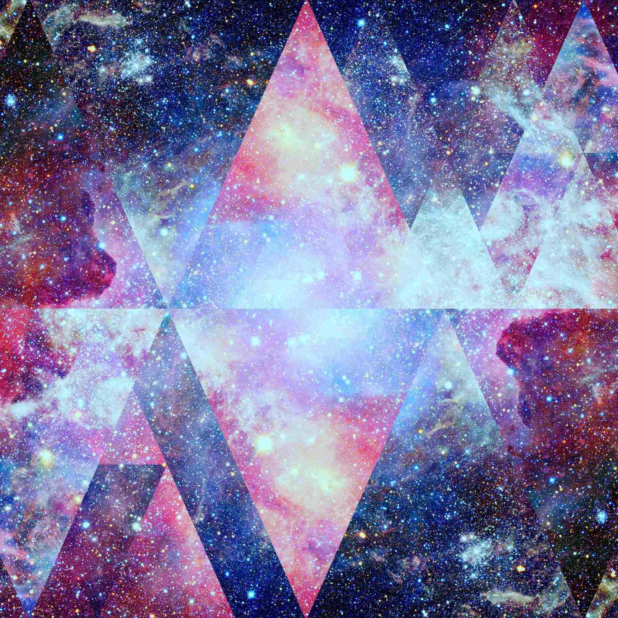 Geometric shapes with a cosmic background featuring stars and nebulae.