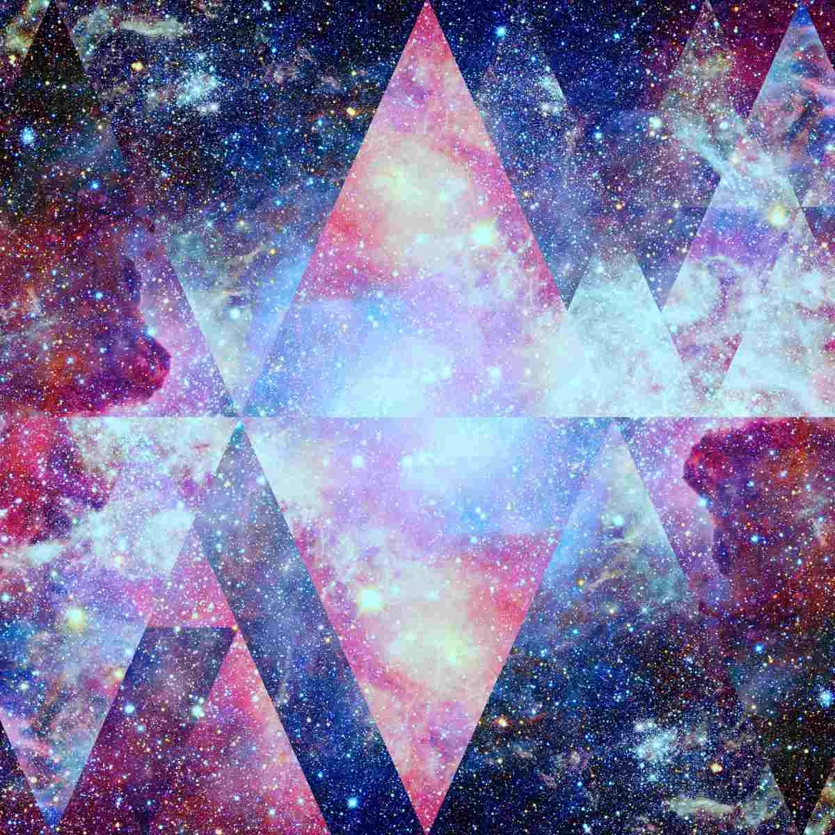 Geometric shapes with a cosmic background featuring stars and nebulae.