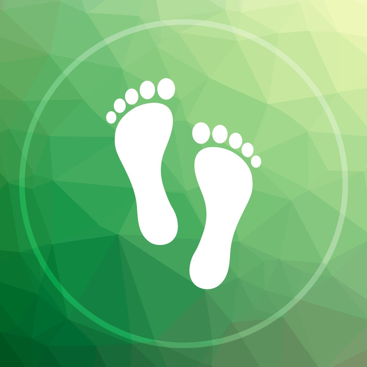 White footprints on a green geometric background.