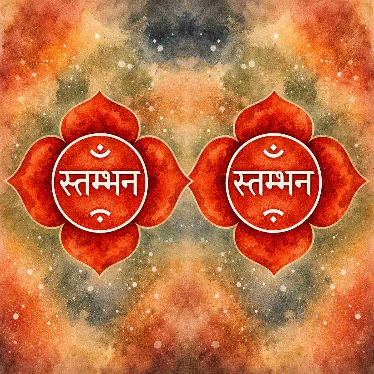 Two red feet chakras with white text on a colourful abstract background.