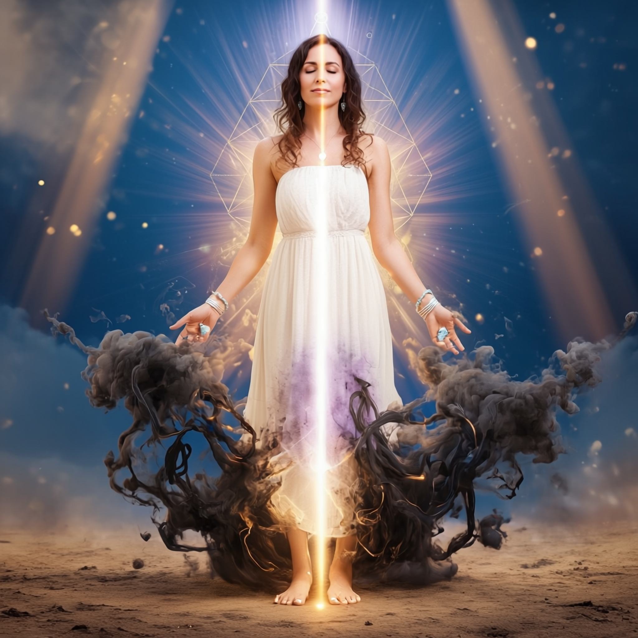 Serene figure in light column, standing barefoot as dark energy dissipates around the feet, symbolising energetic relief from nerve pain.