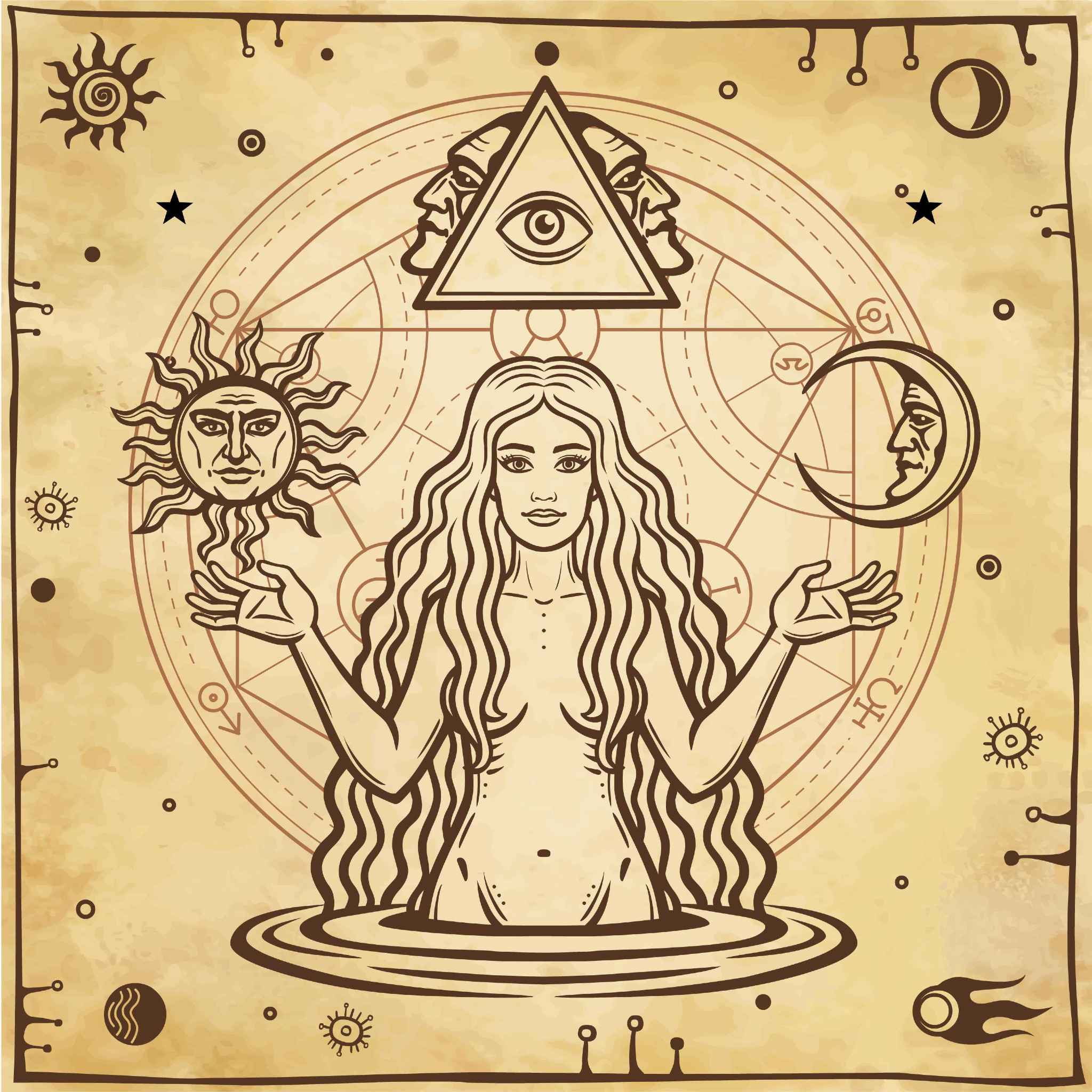 Line art of a naked woman between the Sun and Moon with a pyramid symbol, suggesting goddess awakening.