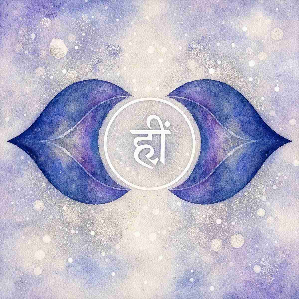 Blue Guru Chakra with a white symbol on a pale lavender background.