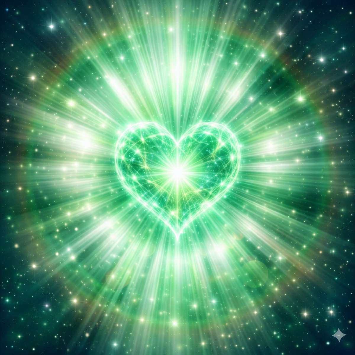 Radiant green heart chakra with starburst effect against a dark background representing Archangel Raphael.