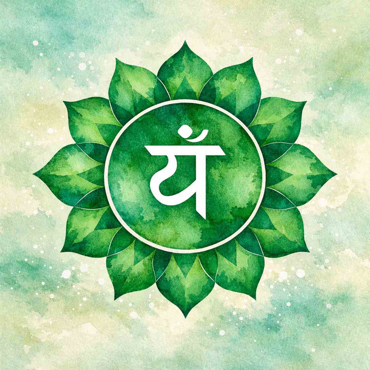 Green Heart Chakra (Anahata) with a white symbol on a light green background.