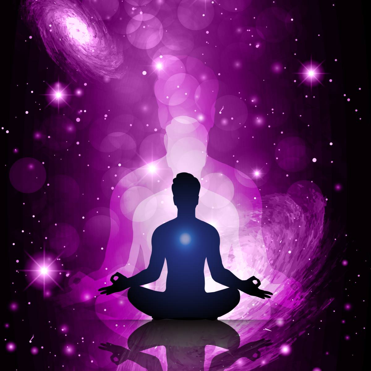 Silhouette of a meditating person against a purple cosmic background.