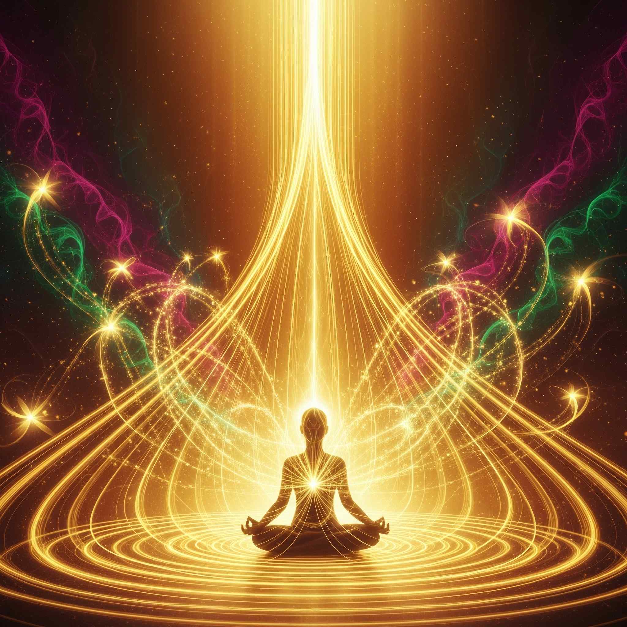 Silhouette of a meditating person surrounded by colorful light patterns and energy beams.