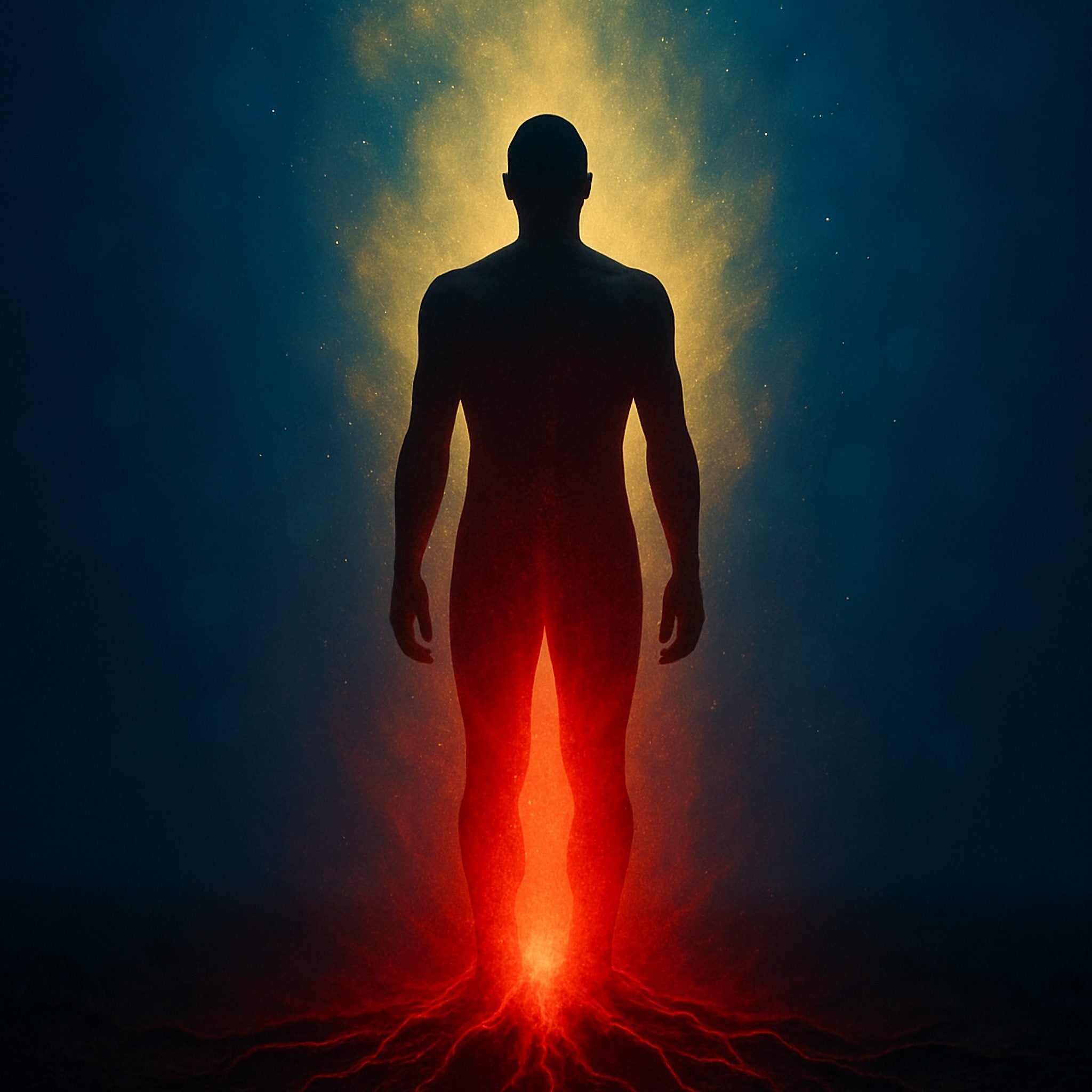 A striking human silhouette radiating intense red light from the base, with energetic roots extending into the dark ground, symbolising primal immune activation and grounding.