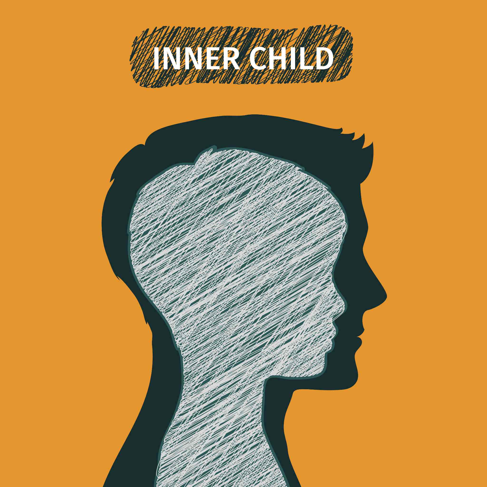 Silhouette of a head with a textured inner child within on an orange background, featuring the text 'INNER CHILD'.