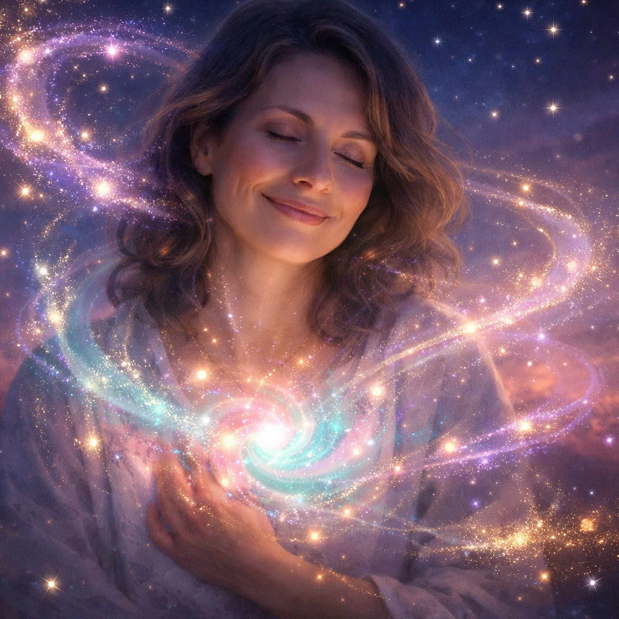 Woman with a galaxy swirling around her, set against a starry night sky.