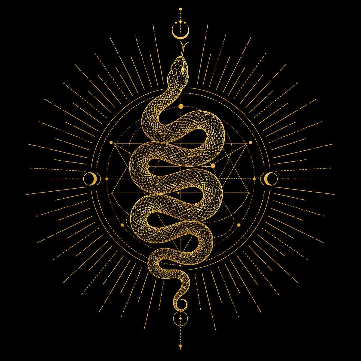 Decorative gold snake design on a black background representing kundalini.